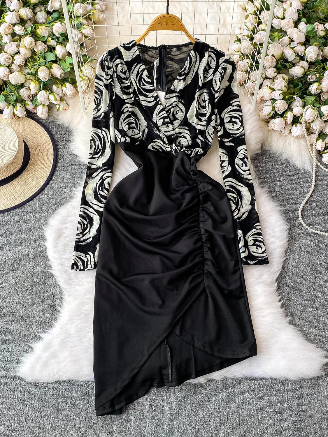 Chic vintage sexy scollo a V Draw String stampa manica lunga slim Elegante Fata moda coreana Boho Sundress abbigliamento donna