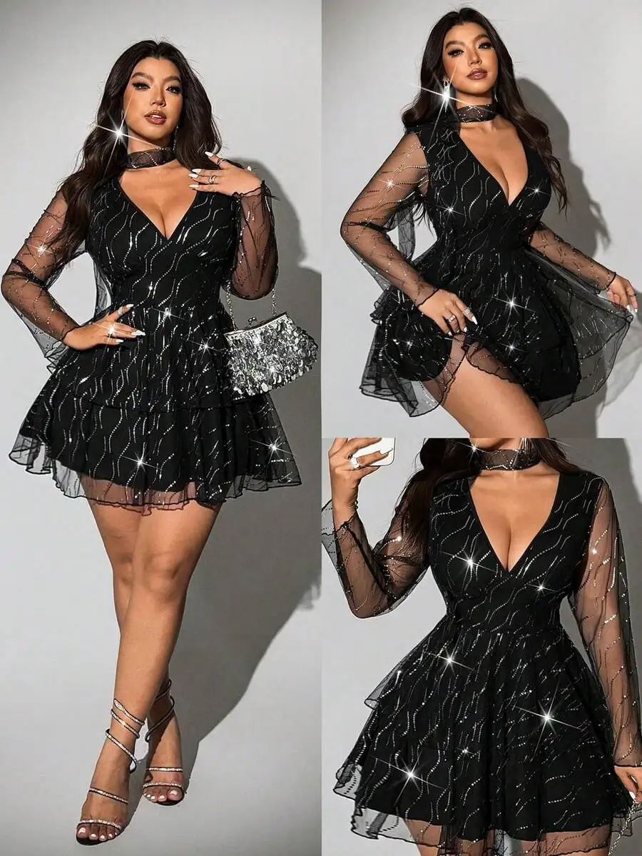 

Черное мини-платье из сетки с пайетками, V-образным вырезом, завязками на талии и прозрачными рукавами