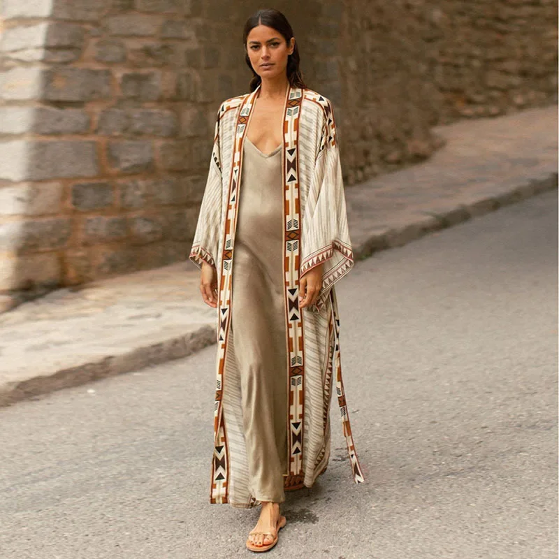 

Kimono Beach Wear Beach Bohemian Clothing Loose Swimsuit Cover Up Front Open Belt Kaftan Robe Plage Beach Pareos Dress Tunic2024