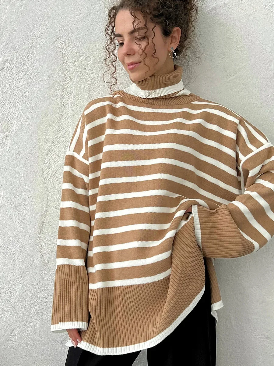

Autumn Winter Thick Striped Oversized Sweater Warm Cozy Casual Wear Pullovers Loose Knitted Turtleneck Sweaters