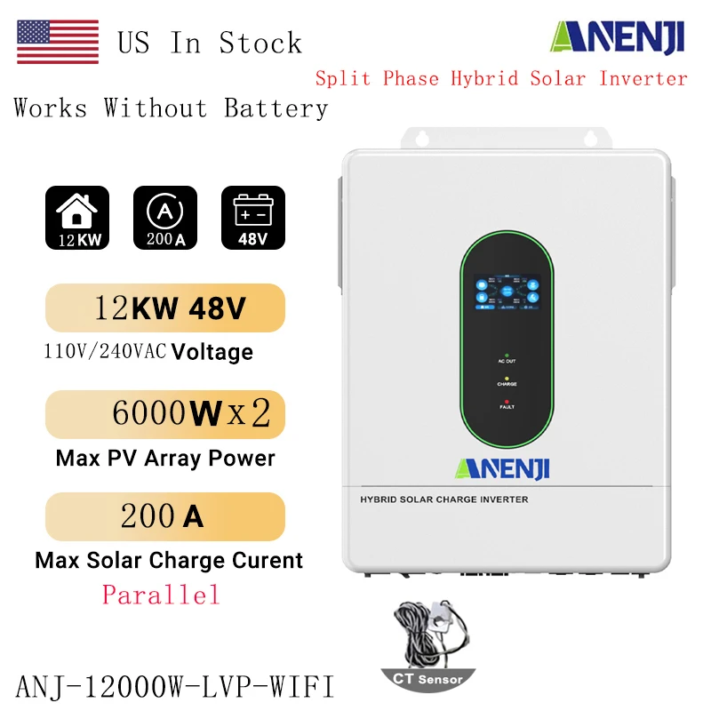 

Split Phase 12KW 48V Hybrid Solar Inverter 120VAC/240VAC Pure Sine On Grid MPPT Inverter 200A Solar Charger PV 500VDC with CT