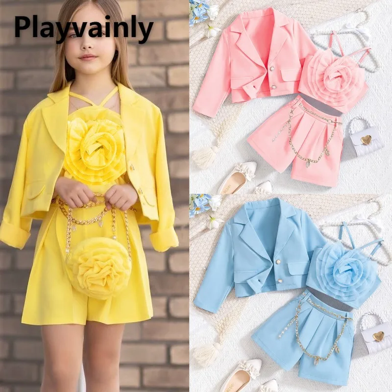 

Комплект из 3 предметов для девочек, пиджак с длинными рукавами + жилет с 3D цветочным принтом + шорты, весенне-осенний детский модный наряд для вечеринки, фотографии Y4046