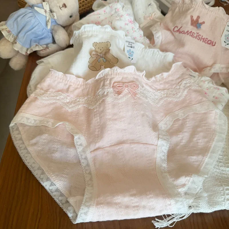 M-XL 1/5PCS Cartoon Bear Pink Cotton Women's Underwear Sweet Girl Bow Print Cute Breathable Panties Student Daily Comfort Briefs