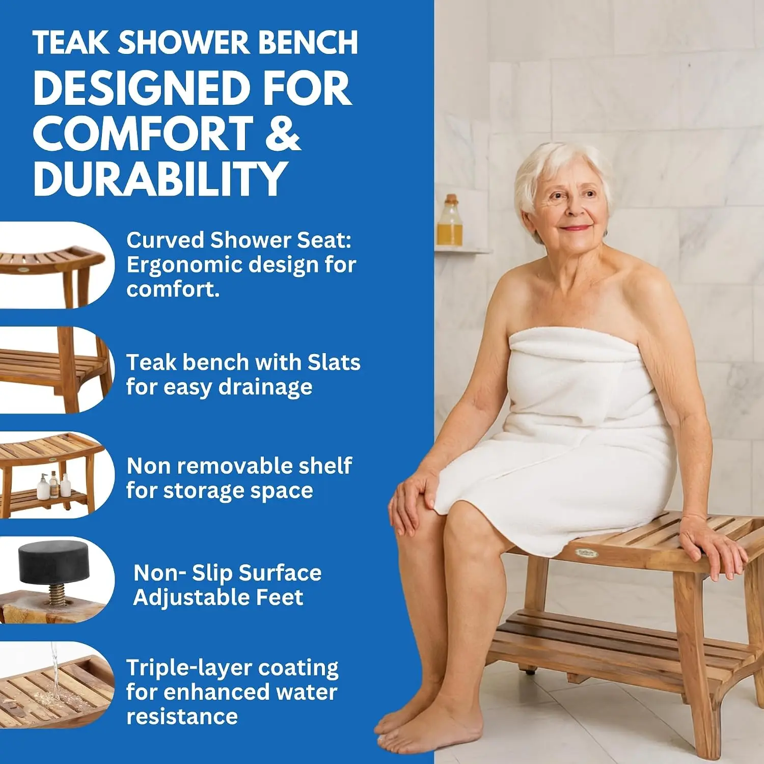 Teak Shower Bench Spa Bath Shower Stool Storage Shelf Wooden Seat Organizer Foot Rest Furniture For Inside Bathroom Sauna Outdoor Patio Deck Garden Swimming Pool, Natural Wood