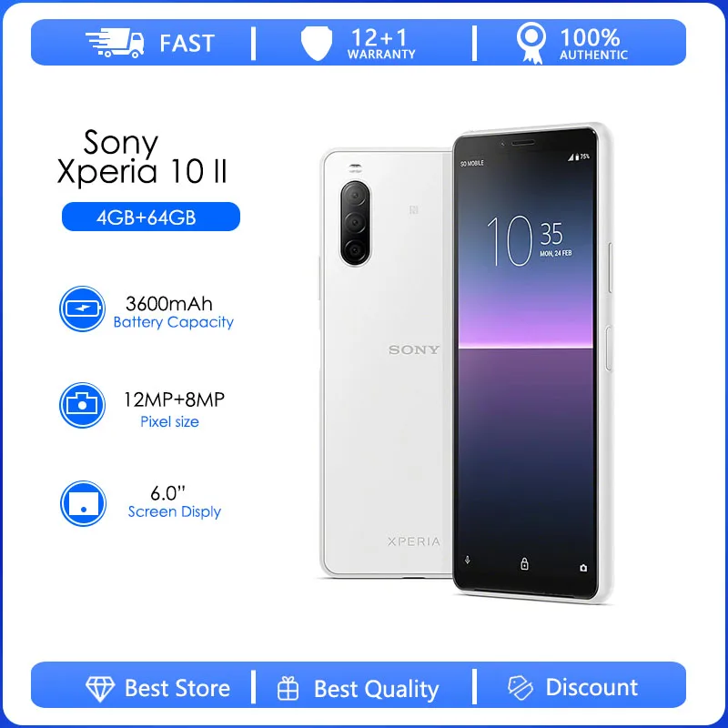 Original Sony Xperia 10 II 4G LTE Mobile Phone XQ-AU51 XQ-AU52 2 SIM 4GB+64GB Triple Camera Android SmartPhone Octa-core