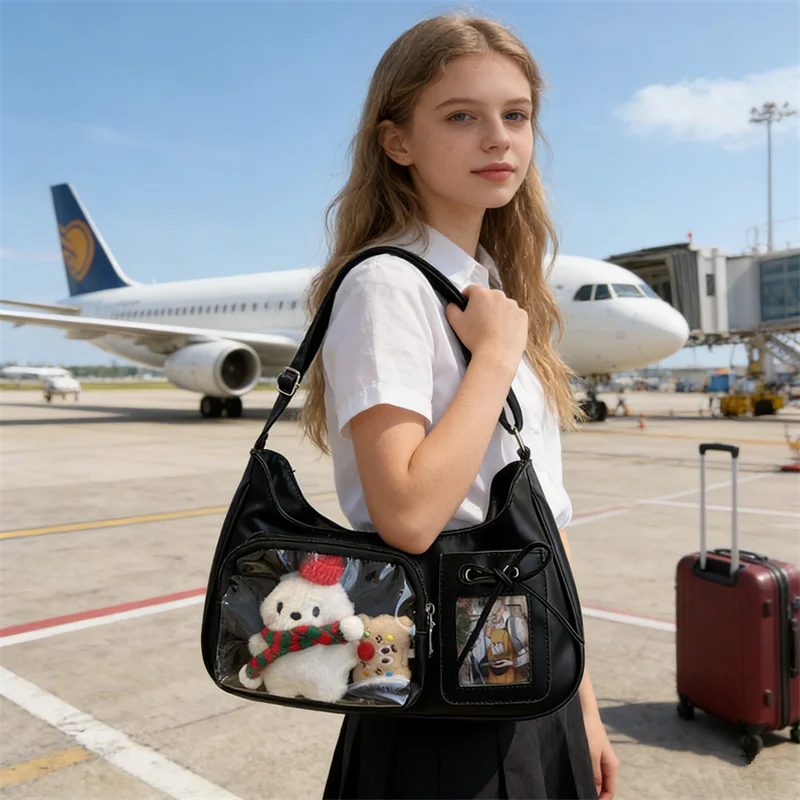 

Сумка через плечо Y2K Harajuku из искусственной кожи в форме полумесяца с прозрачным окном, милые сумки через плечо с бантом и карманами для карт, подходят для женщин, для повседневного использования