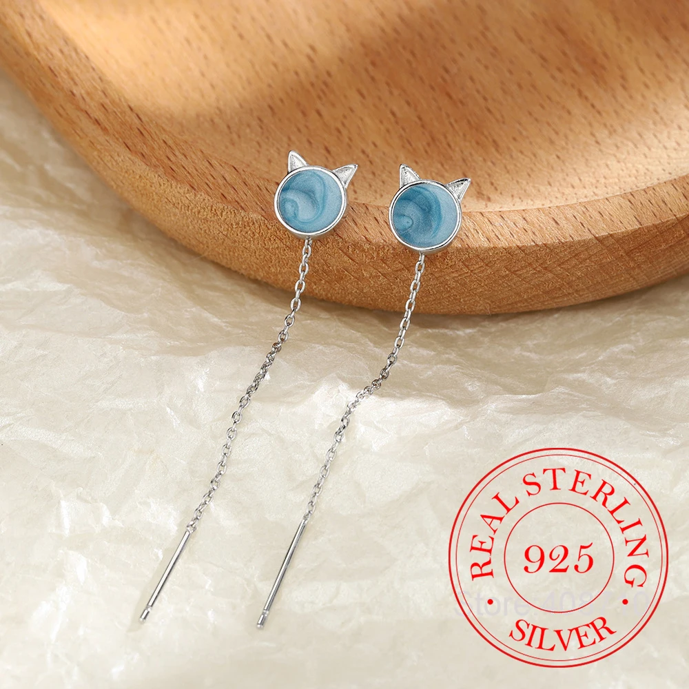 925 Sterling Silver Jewelry Simple Opal Kitten Cat Ear Line Drop Earrings for Women Girls Party Jewelry For Girls Friend Gift