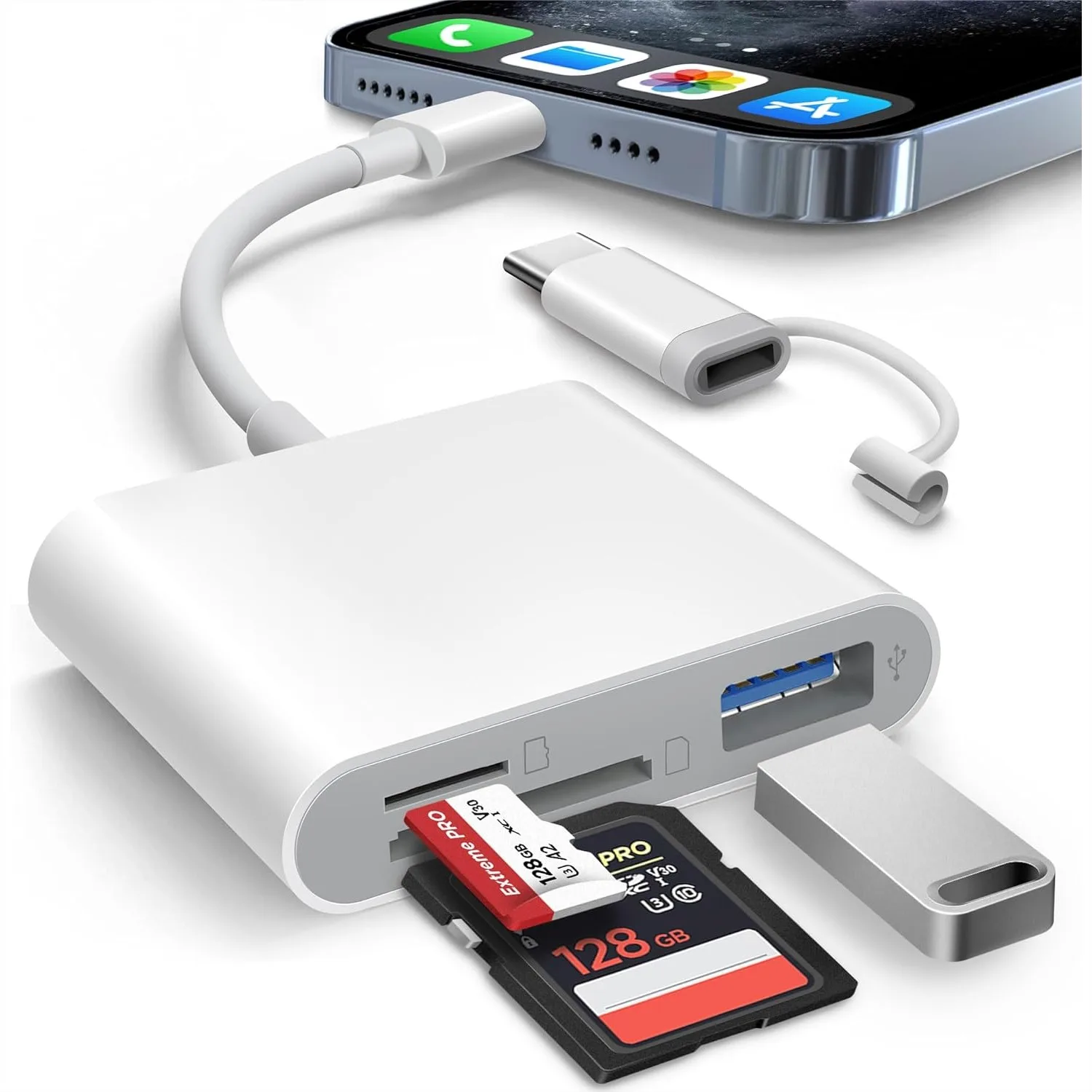 

SD Card Reader for iPhone iPad, Dual Connector USB-C & Lightening, 3 Slots SD MicroSD USB-A, No App Required Plug and Play