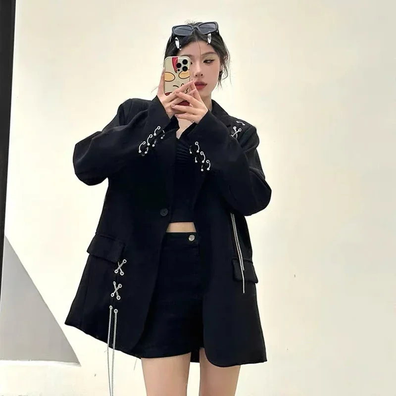 Black Women Y2k Autumn Fashion Streetwear Chain Decoration Suit Jackets Korean Oversized Casual A Button Coats
