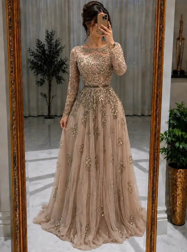 Dubai Luxus-Abendkleid mit Langen Ärmeln, Illusionsausschnitt, Goldpailletten, Stickerei, Tüll, A-Linie, Formelle Muslimische Ballkleider, Maßanfertigung