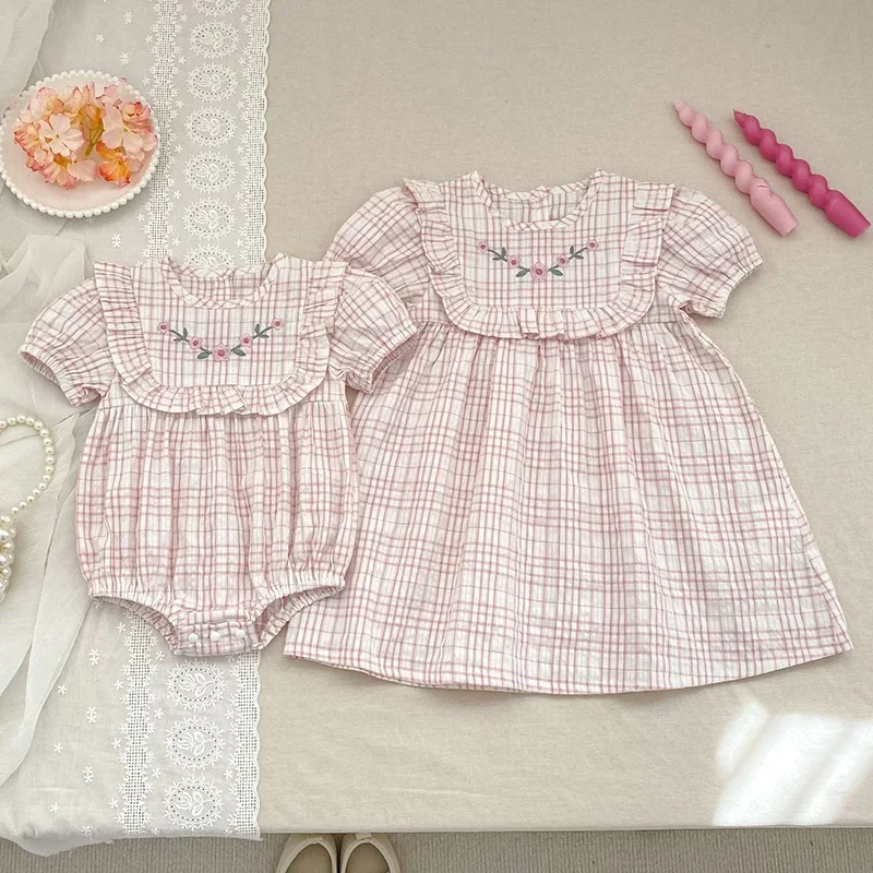2026 New Summer Sister Dress 2-6Yrs Baby Girl Party Dress Kids Princess Dresses Short Sleeved Cotton Embroidery Infant Romper