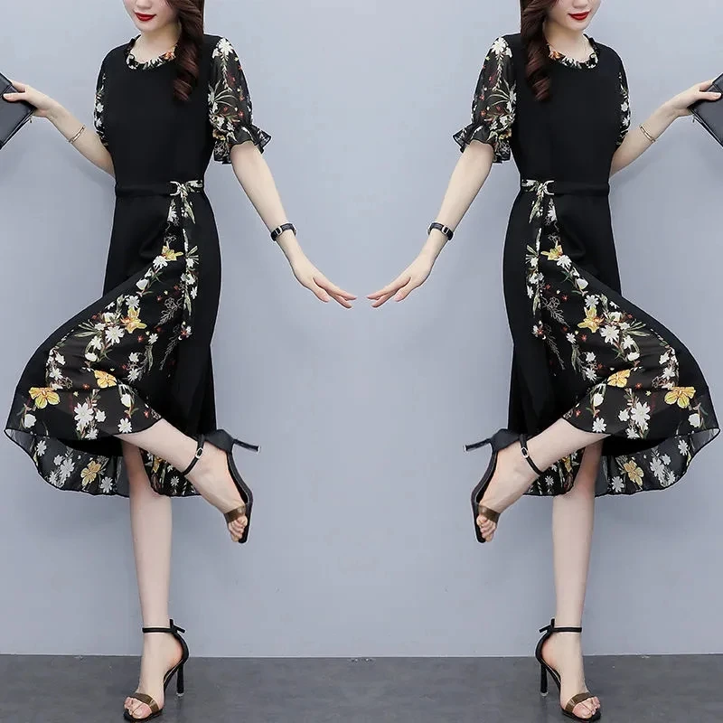 Black Floral Patchwork Midi Dress Women Summer Elegant Ruffles Short Sleeve A-Line Dresses Large Size Casual Vestidos De Mujer