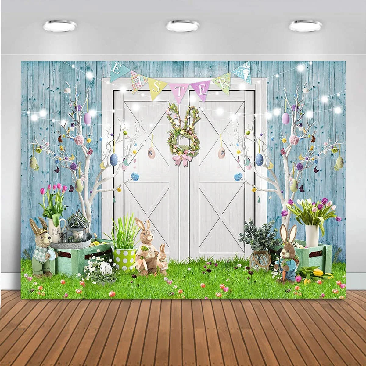 

Spring Easter Backdrop Rustic Vintage Blue Wood Board Bunny Colorful Eggs Decoration Background Vinyl Happy Easter Holiday Kids