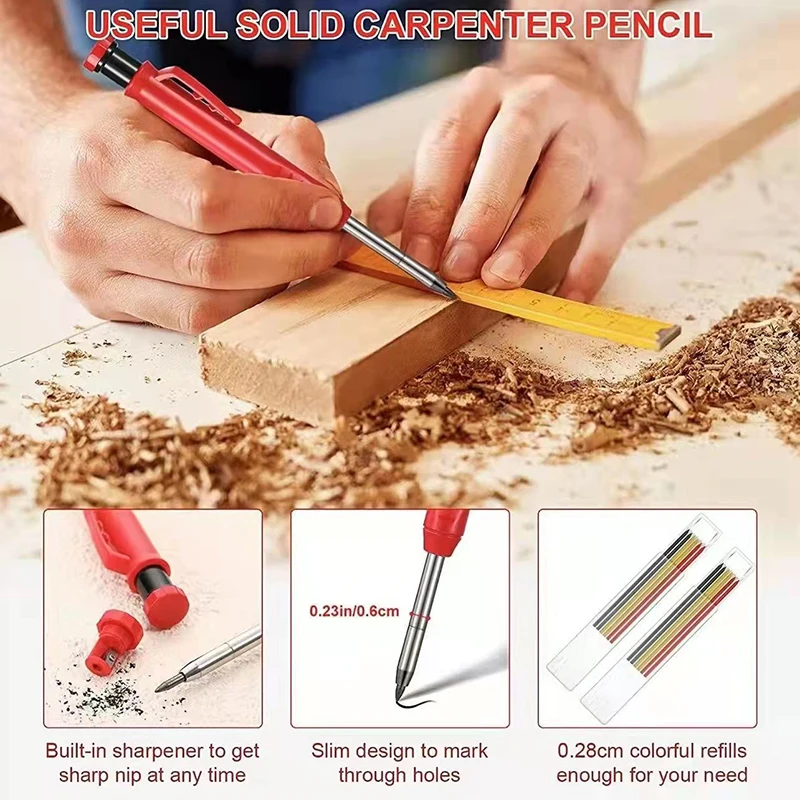 Solid Carpenter Pencil With Refill Long Nosed Deep Hole Mechanical Pencil Marker With Built-In Sharpener For Carpenter Wood