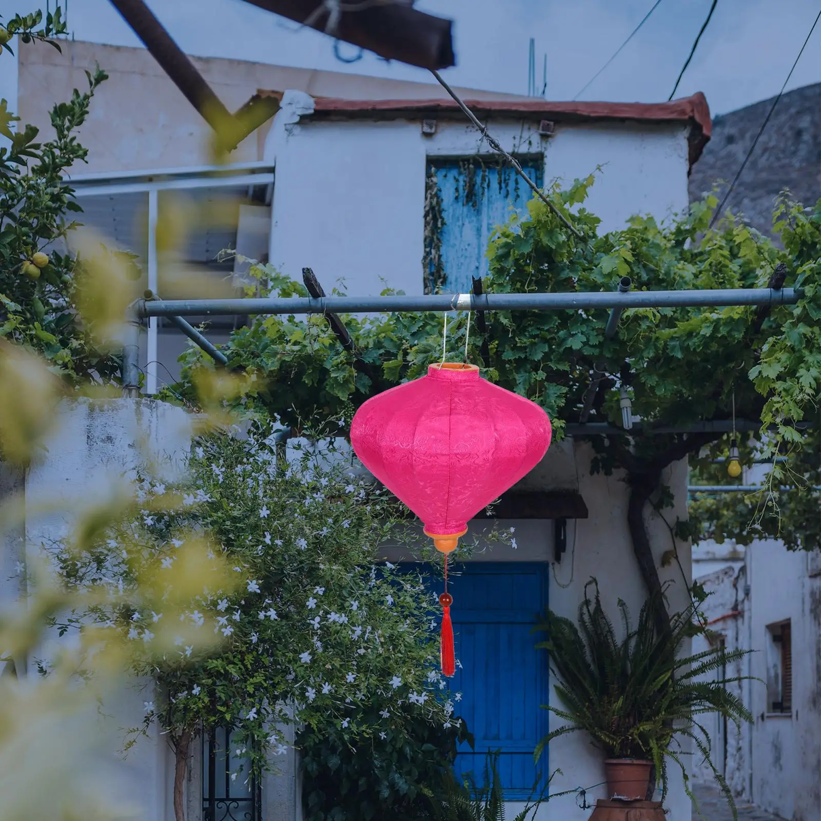 Retro Lanterns Vietnamese Hanging Large Decorative Metal Red Shape Handmade Traditional Cloth Floral Patterns