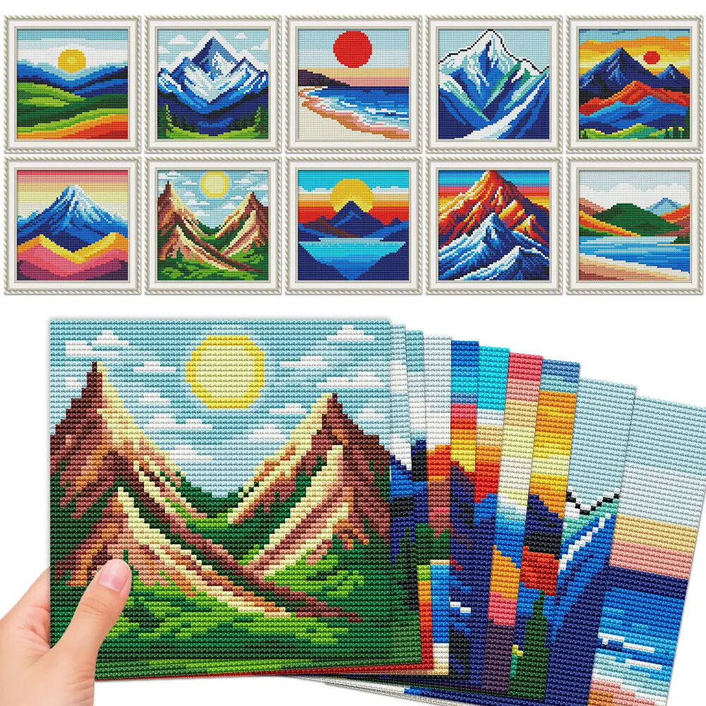 

EverShine 10Pcs Cross Stitch Kits Mountain Landscape DIY Embroidery Sunset Scenery 11CT Printed Canvas Desktop Decoration Gift