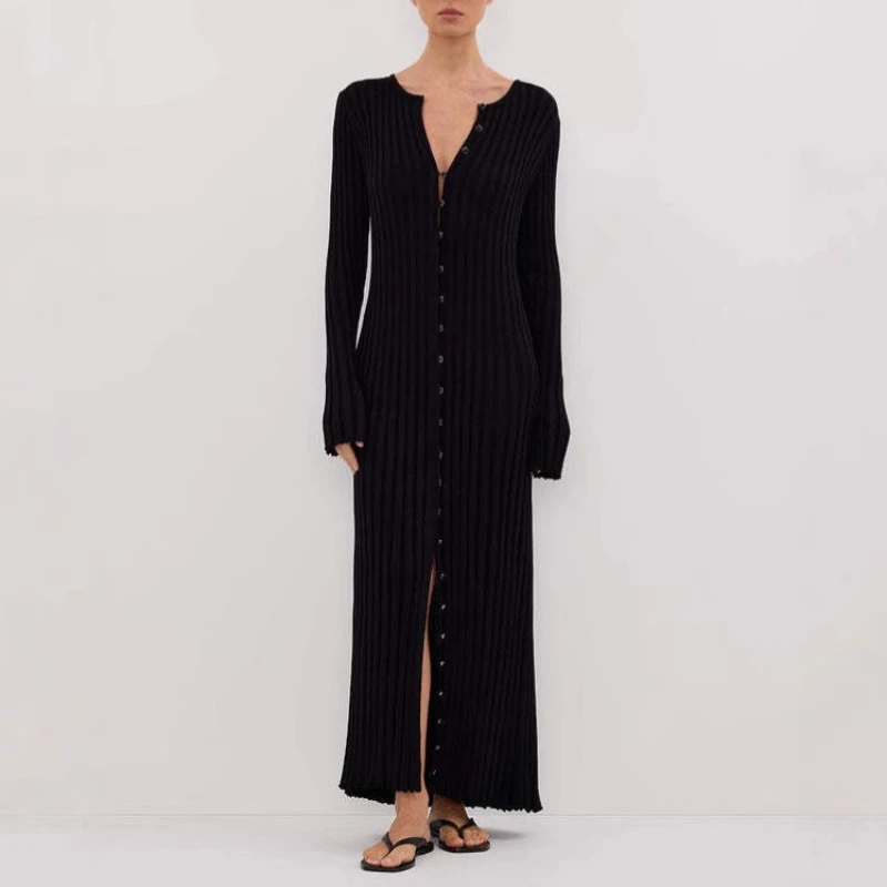 

Hot-selling Long-sleeved Round Neck Tight-fitting Breasted Knitted Long Skirt Pit Strip Sweater Skirt Imperial Sister Looking