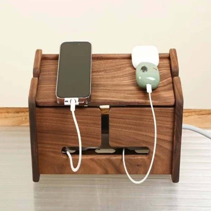 Black Walnut Flip Cover Cable Organizer, Socket Box Surge Protector Enclosure, Router Shelf – Beech Multi-Hole Desk Cord Tidy