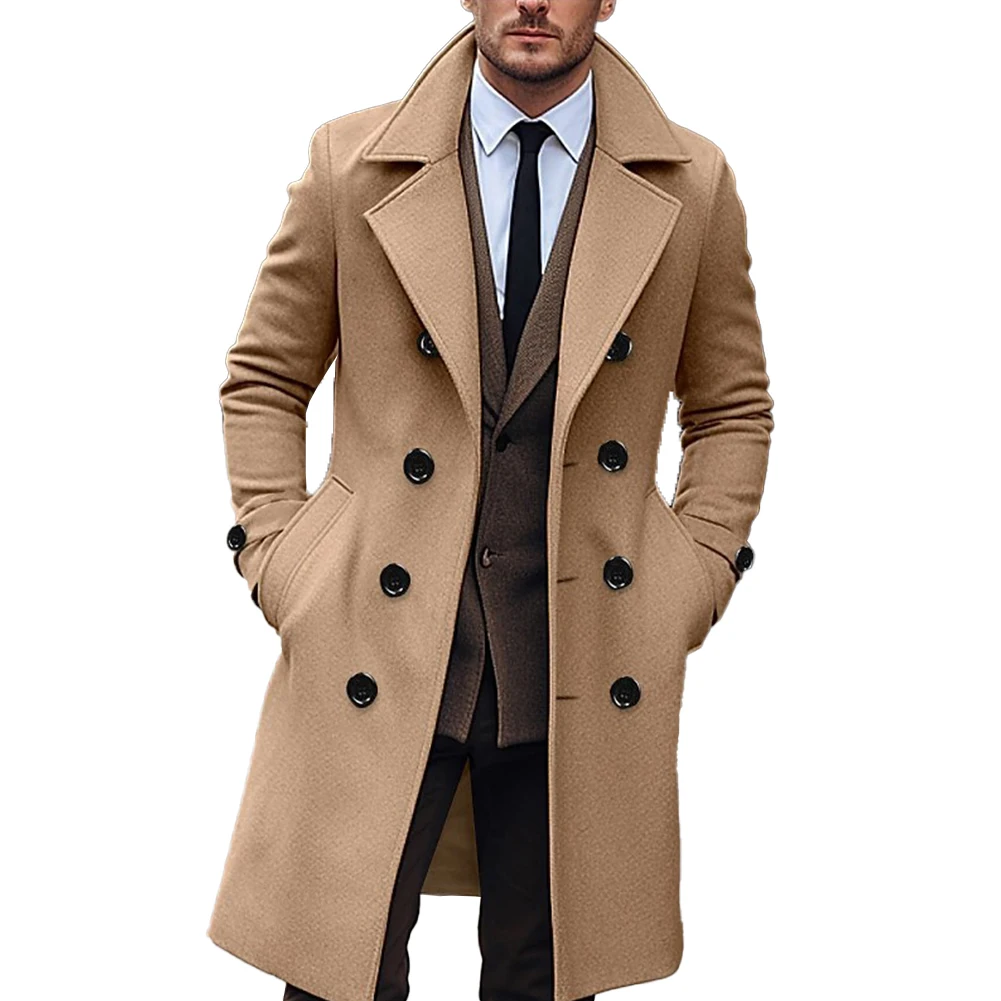 Mens Winter Doublebreasted Lapel Trench Coat Business Style Gentleman Overcoat Long Jacket Outwear for Cold Weather