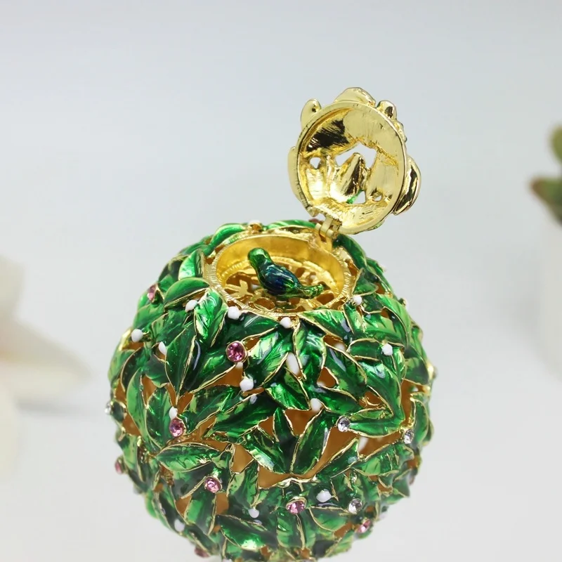 SHINNYGIFTS Handmade Enameled Trinket Jewelry Box Easter Egg Leaf Fence Design with Hinged Lid Vintage Home Decor Gift for Women