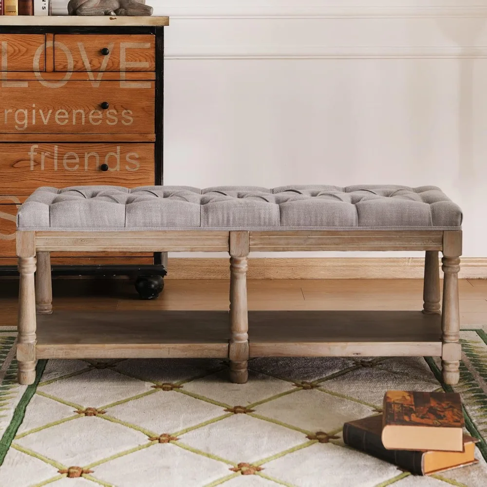 Farmhouse Storage Bench Wooden Entryway Upholstered Tufted Ottoman Bench for Bedroom End of Bed Hallway Organizer