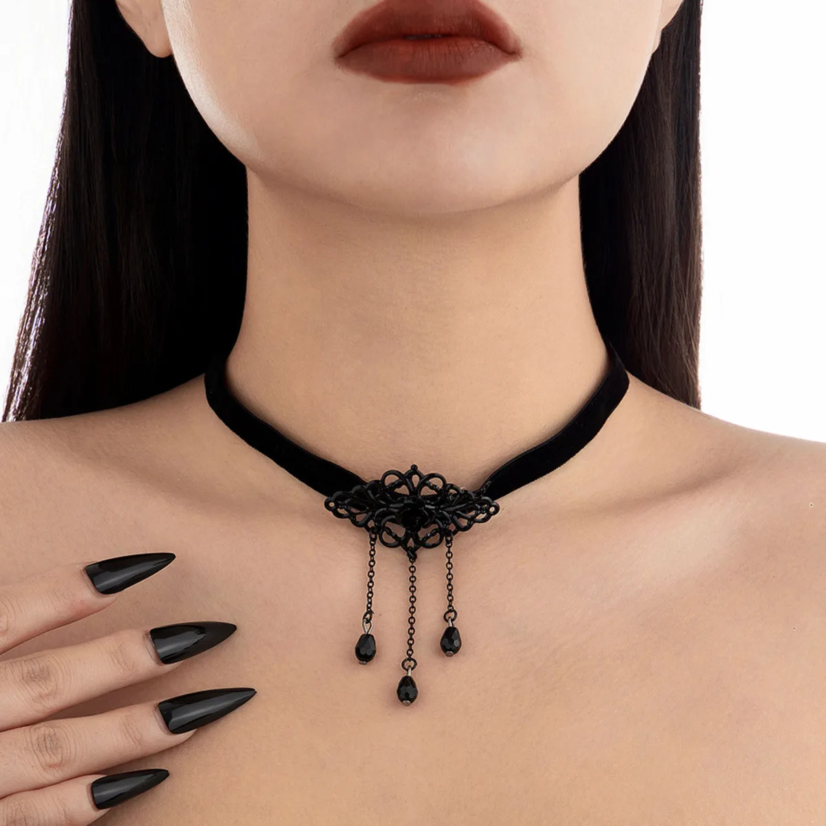 

IngeSight.Z 2024 New Gothic Black Velvet Choker Necklace for Women Simple Metal Tassel Chain Crystal Pendant Necklace Jewelry