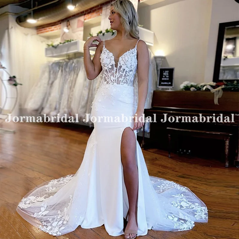 

Sexy White Mermaid Wedding Dresses Plunging V-Neck Spaghetti Straps Illusion Bodice Floral Appliqués High Slit Boho Bridal Gowns