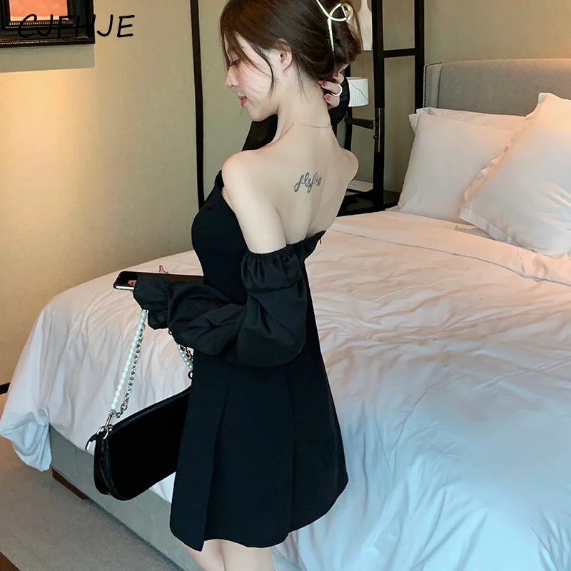 CJFHJE Sexy Off Shoulder Mini Dress Women Vintage Elegant Gothic Black Party Dress Korean Casual Strapless Chic Prom Y2K Dresses