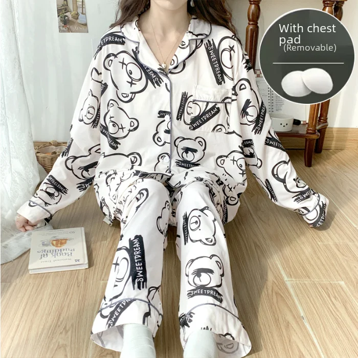 Sweet Loose-fit Women's Long Sleeve Cardigan Pajama Set Chest Pad 200kg Homewear