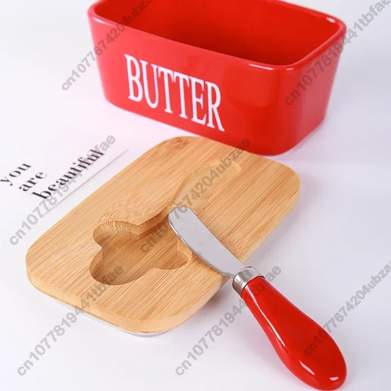 Wooden Cover Ceramic Butter Box with Spatula Knife Sealed Fresh Butter Box Multicolor Rectangular Sealed Kitchen Storage Box S8G