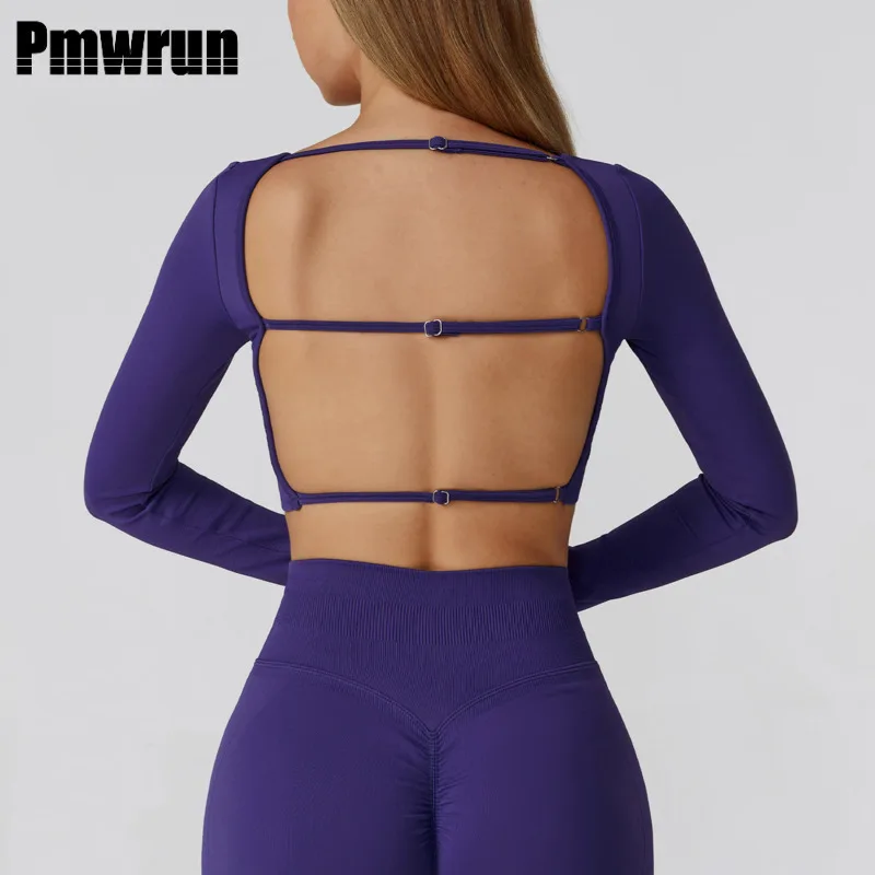 

PMWRUN женский укороченный топ для йоги с длинными рукавами и квадратным вырезом с открытой спиной и ремешками, спортивный топ для тренировок, мягкий эластичный для йоги и фитнеса