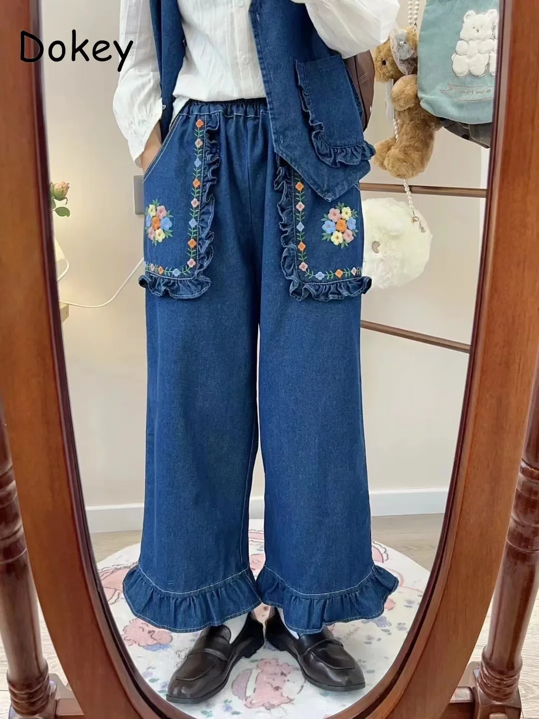 Vintage Embroidery Blue Denim Pants For Women Japanese Mori Girl High Waist Ruffled Straight Jeans Casual Retro Wide Leg Trouser