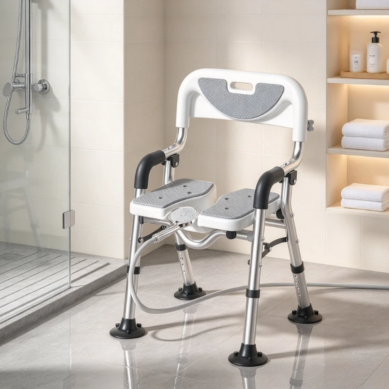 Foldable Shower Chair with Armrests for Seniors, Suction Cup Feet, Rust Resistant Frame and Water Resistant Seat for Bathing