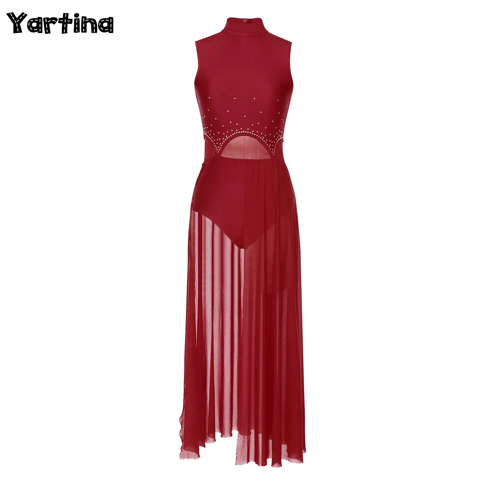 Damen Strass Gymnastik Eiskunstlauf Tüll Maxi Ballkleid Ballett Lyrical Dance Kostüm Mesh Split Ballett Trikot Kleider