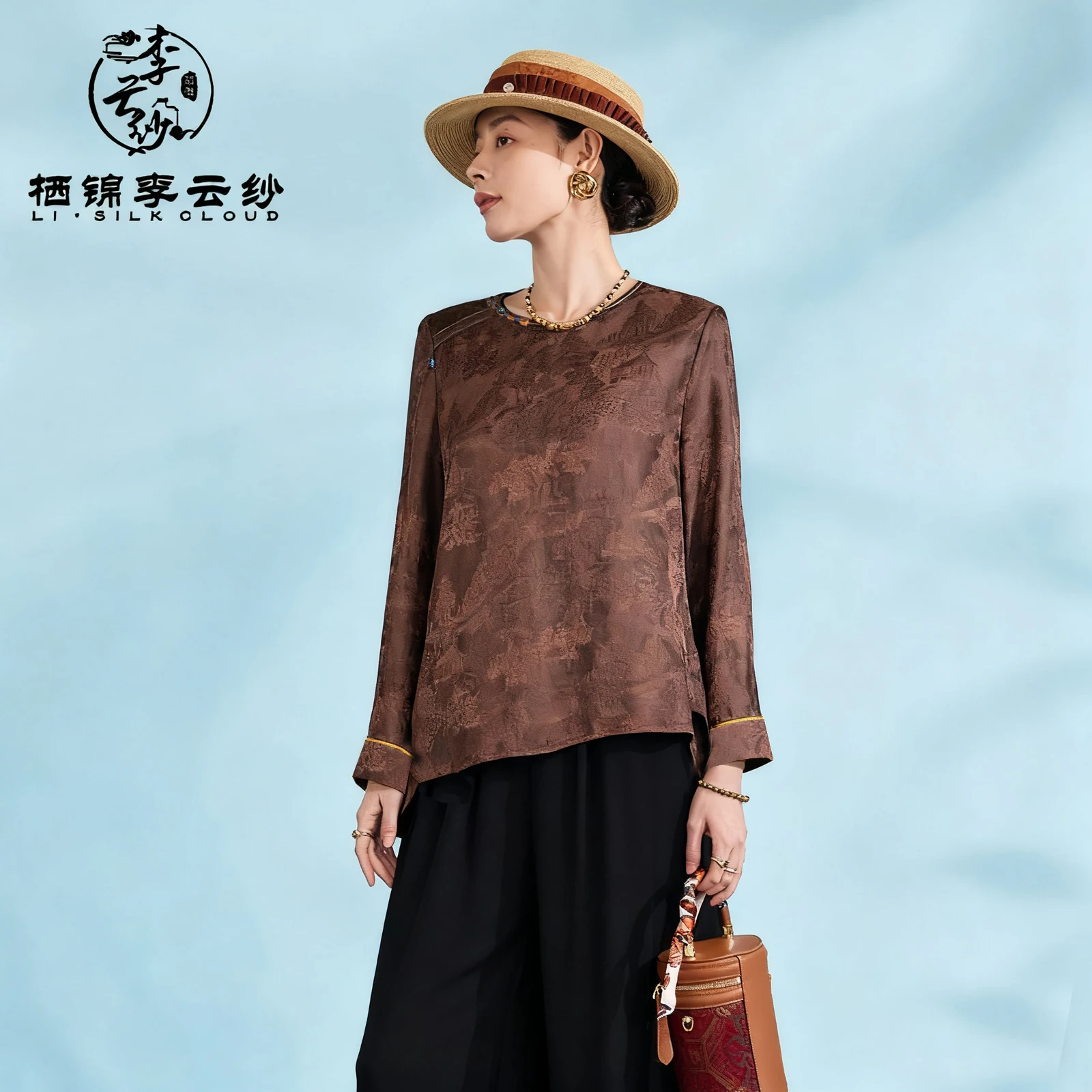 

Топ LI SILK CLOUD xiangyunsha, 100% тутовый шелк, длинный рукав в китайском стиле, элегантный шелк, марля Guangdong Black Pearl Guangdong