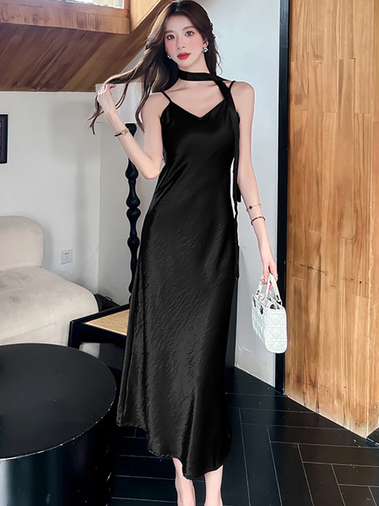 女性パープルサテンシックな V ネックセクシーなスリングロングドレス 2025 韓国ヴィンテージ高級イブニングドレス夏エレガントなボディコンパーティードレス