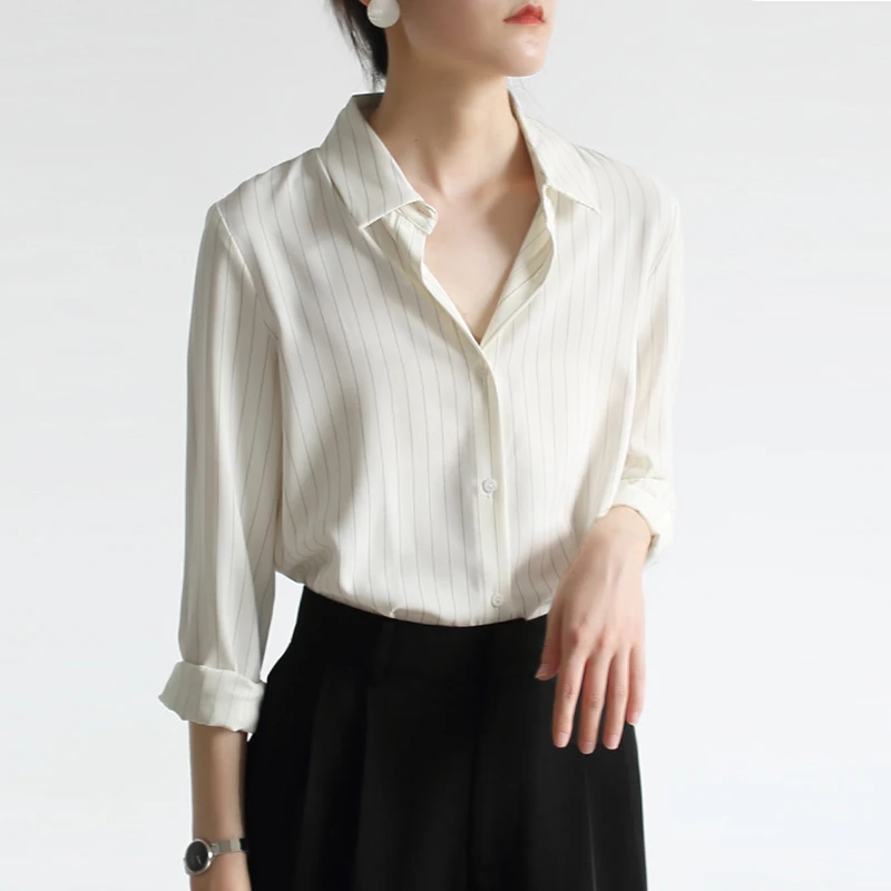 Preto damasco branco manga comprida camisas listradas moda feminina senhora do escritório camisa formal coreano solto blusas casuais femininas topos