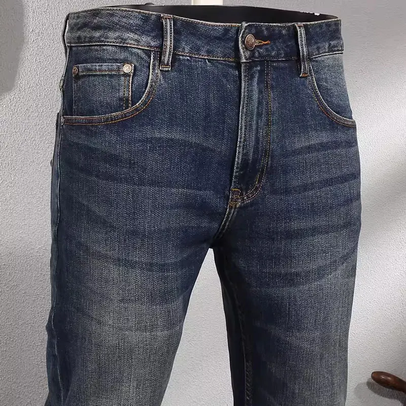 Fashion Designer Men Jeans High Quality Retro Washed Blue Stretch Slim Fit Casual Jeans Men European Vintage Denim Pants Hombre