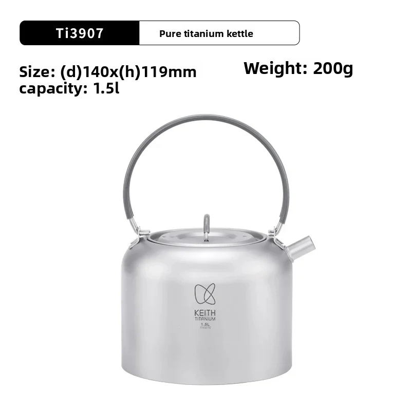 Keith Titanium Outdoor Kettle 1,5L Snelkokende Ultralichte Theepot met Opbergnetzak, Geschikt voor Meerdere Kookapparaten, Ideaal voor Kamperen