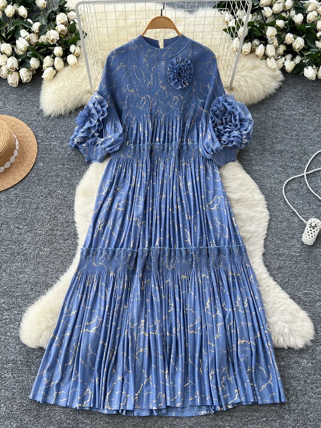 Rétro plissé Dr femmes automne Faion taille haute lanterne Sve jupe longue t-shirt fleur dimensionnelle embelli coupe ample