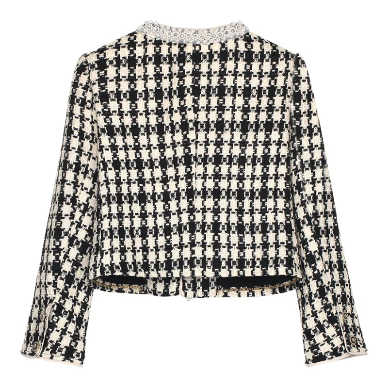 High Quality O Neck Beaded Tweed Sweet Vintage Short Jacket Fashion Classic Houndstooth Hook Buckle Fragrance French Coat Woman