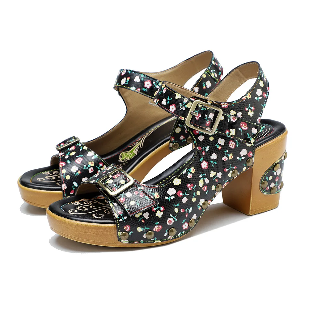 

Socofy Raffan Sheepskin Leather Sandals for WomenPlatform Luxury Summer Print Big Size Moccasins Hook Fashion Chuky Heels Shoes
