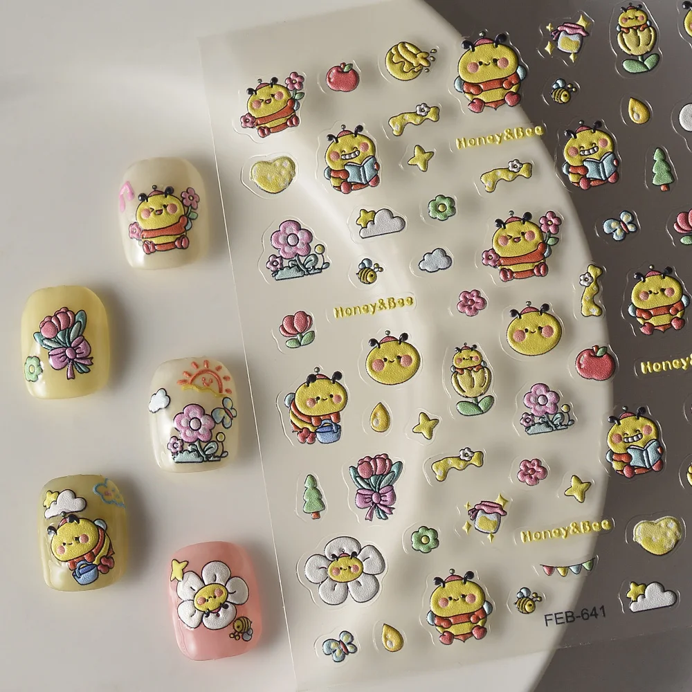 

Hard Wokring Honey Bee Nail Stickers 5D Embossed Nail Decals Summer Decoration Sliders Manicure Wrap Custom FEB-641