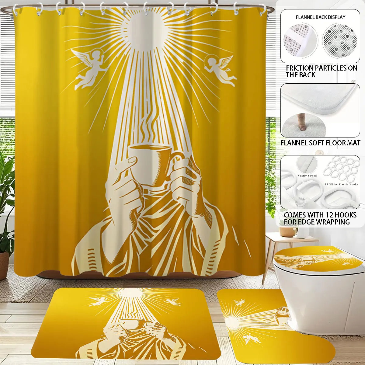 Golden Coffee Cup Angel Print Bathroom 4 Piece Set Luxury Gold Shower Curtain Non-slip Bath Mat Soft Towel Bathroom Decor Set - view 5