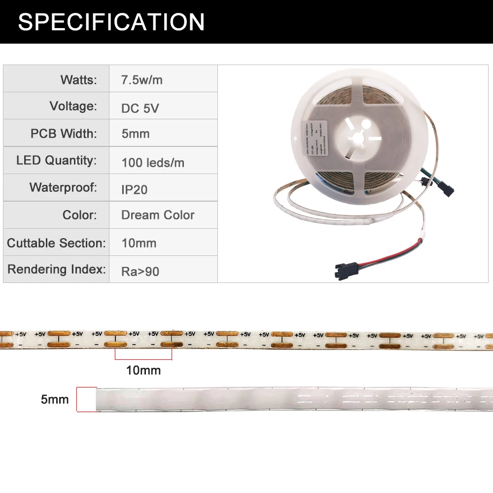 5mm COB LED Strip DC5V 12V WS2812 Dream Color individualmente indirizzabile ad alta densità 100 160LEDs/m Soft flessibile Luces Tape Light