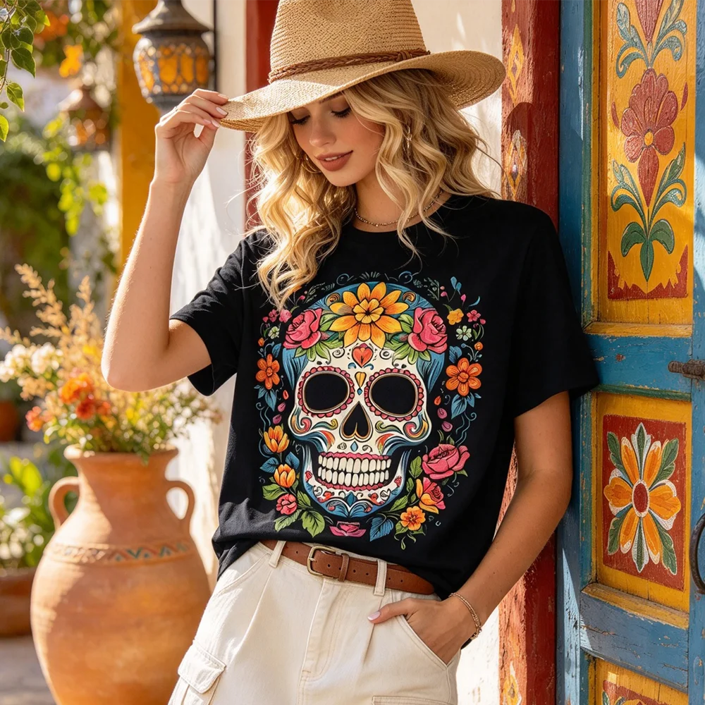 2025 Sugar Skull Women T Shirt Dia De Los Muertos Day of The Dead Mexican Skeleton Gothic Halloween Vintage Graphic Tee Tops