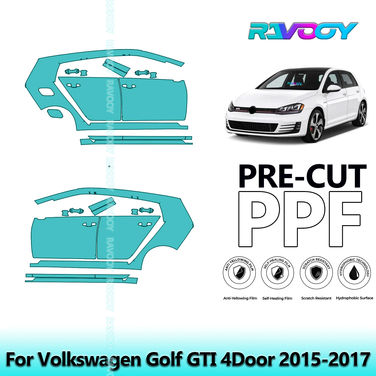 

For Volkswagen Golf GTI 4Door 2015-2017 8.5mil Clear Matte Pre-Cut PPF Door & A/B Pillar Kit TPU Paint Protection Film Set