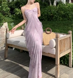 Elegant Spliced Mesh Print Vintage Sleeveless Chic Pleated Slim Straps Fairycore Dress Sexy Beach Vacation High Street Clothing