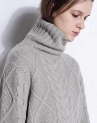Women's High-Necked Cashmere Sweater Thick Knitted Loose Fit Solid Color Autumn Winter Warm Lazy Wind Twisted Top
