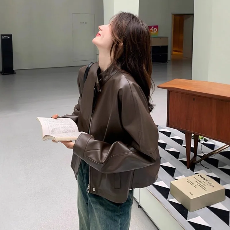 Jaqueta Feminina Vintage de Couro PU, Moda Casual, Outono Inverno, Corta-Vento com Zíper, Streetwear, Blazer Feminino, Roupa Nova